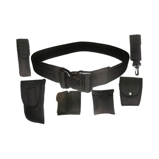 Ideal for security workers or preppers for close combat items Fully adjustable belt, one size fits most 1 x Glove pouch 1 x Handcuff pouch 1 x Dual multipurpose pouch 1 x Torch/ Baton pouch 1 x Holster 1 x Key clip with velcro 4 x Belt keepers