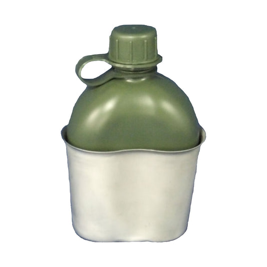 Combination of kidney cup & 1lt military canteen with an o-ring for greater seal and longevity of your drink bottle  Canteen is tested and certified BPA free  Kidney cup is 800ml capacity and is made of heavy gauge stainless steel with a folding butterfly handle