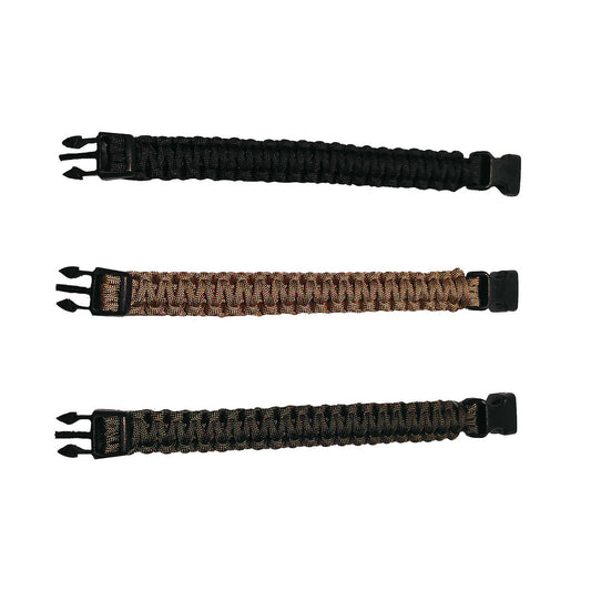 The paracord bracelets come in two sizes, 8" and 9"  3 different colours - Black, Olive and Coyote  Heavy duty 20mm buckle system  The paracord break strength is 490lb(222.72kg)  8 inch "20.32cm" - 3 meter length  9 inch "22.86cm" - 3.3 meter length
