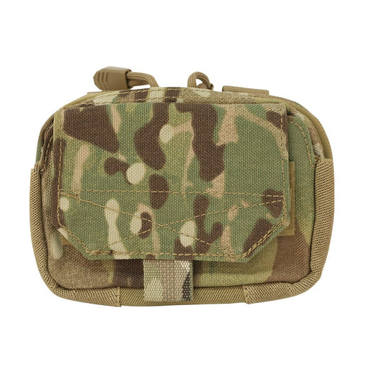 1000Denia material Front felt lined pocket with hook and loop flap closure Large main compartment with separators within the compartment Dual zipper sliders with glove friendly easy pull tabs Multiple carry options: MOLLE, Belt, Carabiner MOLLE compatible Overall dimension: 3.5" High x 5.5" Wide x 2.5” Depth 8.89cm High x 14cm Wide x 6.35cm Depth