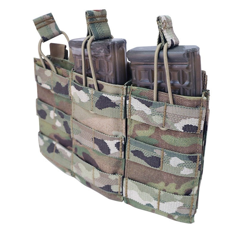 The Valhalla Triple Mag Pouch is an easy and effective way to carry your magazines. It does this by utilizing an open-top design with elastic bungee cords with easy pull tabs to hold the mags in place.