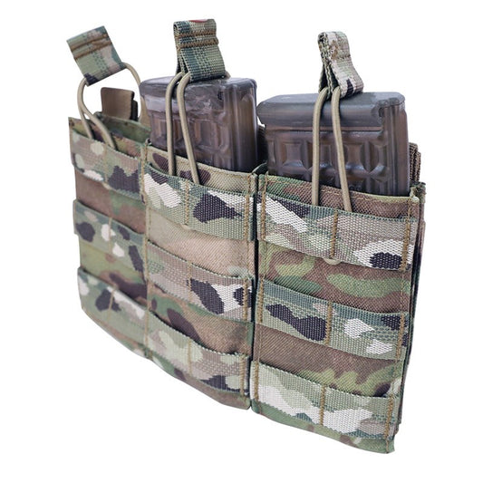 The Valhalla Triple Mag Pouch is an easy and effective way to carry your magazines. It does this by utilizing an open-top design with elastic bungee cords with easy pull tabs to hold the mags in place.