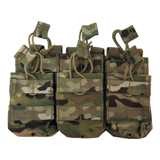 The Valhalla Triple Stacker Mag Pouch is effective and easy system to carry your magazines. It does this by utilizing an open-top design with elastic bungee cords with easy pull tabs to hold the mags in place.