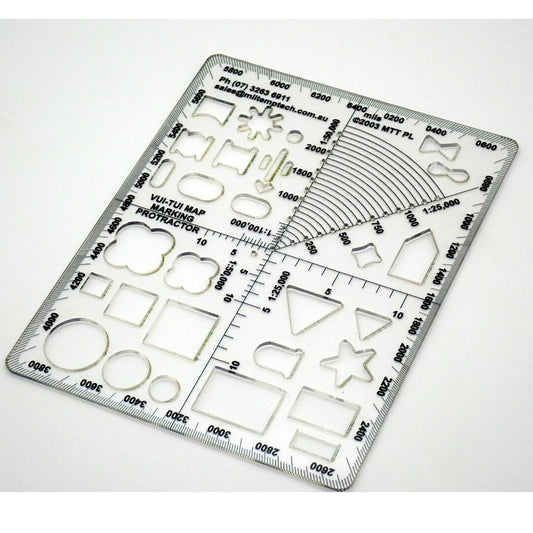 360 degree protractor to fit inside a Vui Tui – Field Message Notebook cover, and have added a number of common Warfighting Symbology shapes so that your protractor can double as a map marking stencil, as well as a Range Finding Arc.