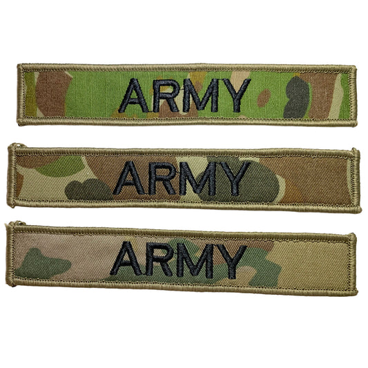 Army Patch in various colours for a bit of fun.  We had the idea to come up with a range of fun options as well.   Size is 2.5cm x 15cm, lettering is 1.5cm in height.  All embroidery is done in upper case letters only as a FYI. www.defenceqstore.com.au
