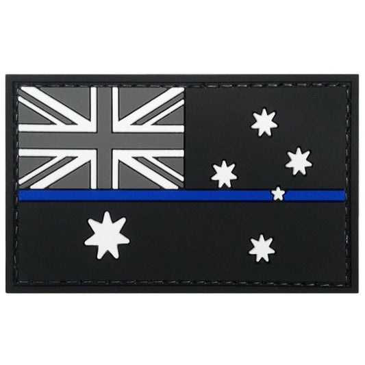 Australian Flag PVC Patch with Thin Blue Line  Great for attaching to your field gear, jackets, hats or even create your own patch board.  Size: 8x5cm  VELCRO BACKED