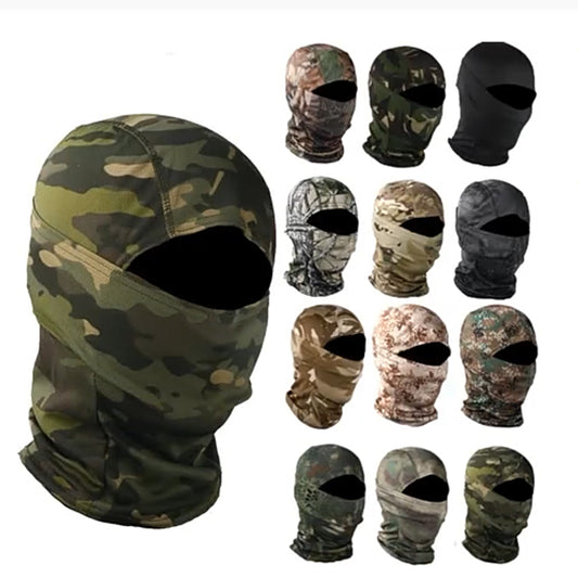 Material: 100% polyester microfiber quick-drying fabric, sweat-wicking, and breathable.  One size fits most.  Camouflage Balaclava Full Face Mask is made of lightweight breathable polyester material that makes you cool and comfortable.  Balaclava-style full face mask offers full head and facial protection, extending below the neckline for extra coverage.