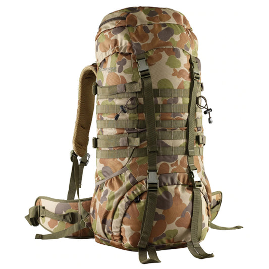Military inspired 65L Auscam rucksack Heavy duty and reinforced construction Air Flow System (AFS) harness promotes comfort and back support Air mesh back padding with lumbar support Padded hip belt with webbing adjustment Sternum strap with safety whistle Internal contoured aluminium frame assists load distribution Draw cord throat with compression strap