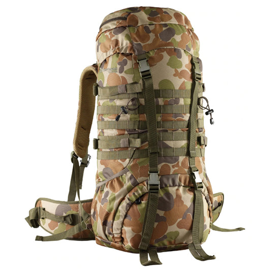 Military inspired 65L Auscam rucksack  Heavy duty and reinforced construction  Air Flow System (AFS) harness promotes comfort and back support  Air mesh back padding with lumbar support  Padded hip belt with webbing adjustment Sternum strap with safety whistle  Internal contoured aluminium frame assists load distribution Draw cord throat with compression strap