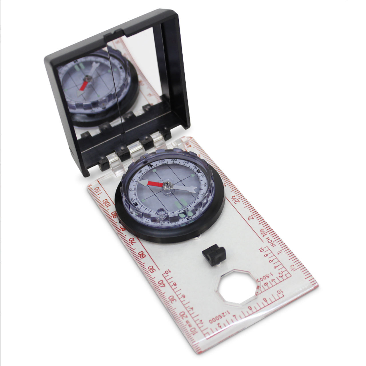 This compass with sighting mirror is an all round winner. With a liquid filled luminous dial, the needle moves smoothly to ensure you stay oriented. A lanyard for easy carrying, a sighting mirror and magnifier make this versatile compass a must for serious travellers 50mm Diameter Liquid filled luminous dial Lid with sighting mirror Magnifier Linear and Romer scales www.defenceqstore.com.au