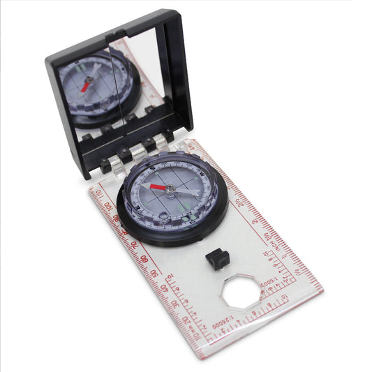 This compass with sighting mirror is an all round winner.   With a liquid filled luminous dial, the needle moves smoothly to ensure you stay oriented. A lanyard for easy carrying, a sighting mirror and magnifier make this versatile compass a must for serious travellers  50mm Diameter Liquid filled luminous dial Lid with sighting mirror Magnifier Linear and Romer scales www.defenceqstore.com.au