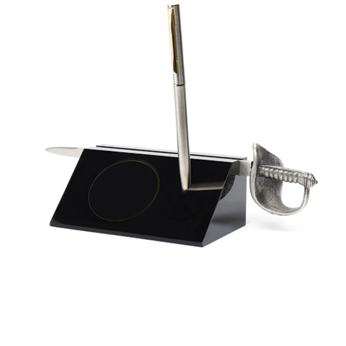 Present your medallion in this stylish desk set, comes with antique silver Army sword letter opener presented in a black acrylic desk stand with a stylish metal pen. Packaged in a silver and black presentation box with clear acetate lid.