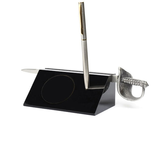 Present your medallion in this stylish desk set, comes with antique silver Army sword letter opener presented in a black acrylic desk stand with a stylish metal pen. Packaged in a silver and black presentation box with clear acetate lid. 