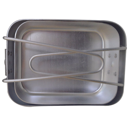 2 -pc Rectangular mess set army style with wire handles. Stacks inside each other for a compact and lightweight profile. Material: Aluminum