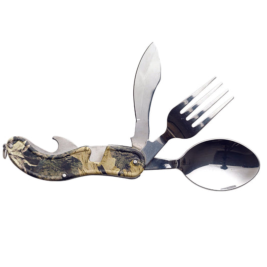 Handy pocket utensil tool separates for form a convenient knife, fork and spoon set. 4 in 1 pocket utensil tool Ideal for camping, picnics or cadets Durable stainless steel utensils Separates into two pieces for easy use Knife, fork, spoon & bottle opener function www.defenceqstore.com.au