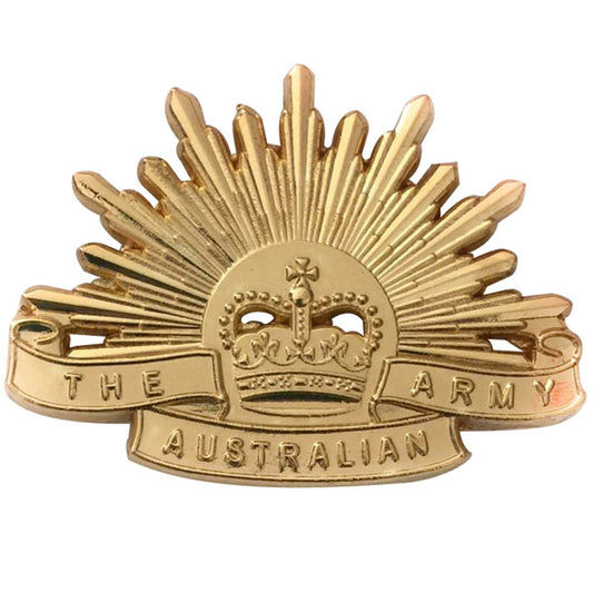 The current style Australian Army Rising Sun with the Queen’s crown.  Pebbled bandeau ‘THE AUSTRALIAN ARMY’ with star burst to rear.  Pin attachment on rear with the correct gold colour finish as issued.