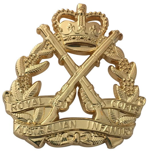 Royal Australian Infantry Corps Badge  Crossed Guns and Crown on Floral Wreath (Reproduction)  Measures 4.8 cm x 4.8 cm