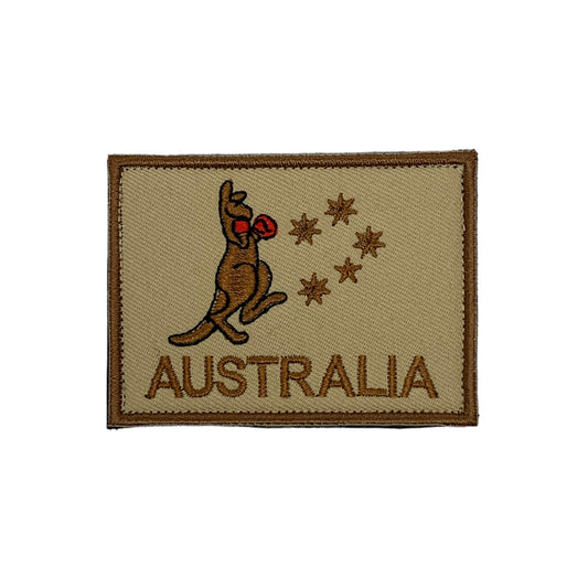 Boxing Kangaroo Tan & Brown Patch Velcro Backed  A true aussie icon  Comes with hook and loop  Size: 7.5cm x 5.5cm www.defenceqstore.com.au