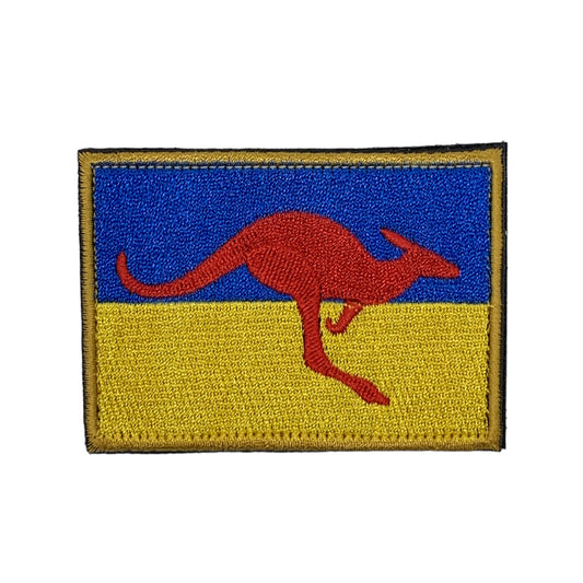 Kangaroo On Ukraine Support Patch  Support Ukraine in the fight   Comes with hook and loop  Size: 7.5cm x 5.5cm www.defenceqstore.com.au