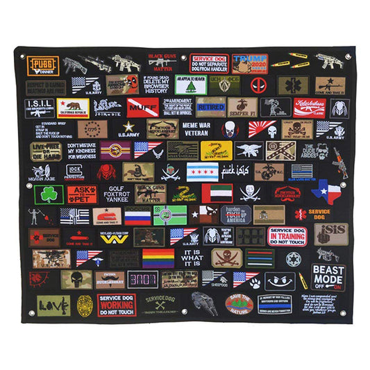 This Morale Patch Display Board with a soft loop side works with all velcro-backed morale patches, ID patches, name patch, etc. Heavy-duty grommets to hang on the wall. Folds/rolls up for easy storage. Heavy-duty nylon fabric backing. Size: 80 x 60 cm.