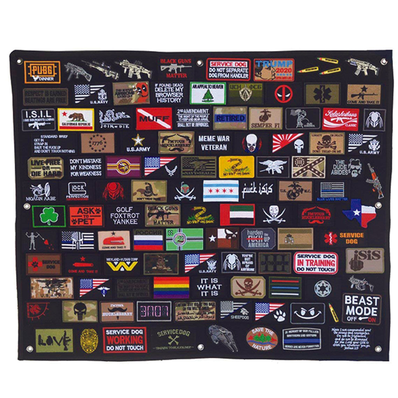 Defence Q Store brings you a good range of patch boards to be able to put all your patches in one place.  This Morale Patch Display Board with a soft loop side works with all velcro-backed morale patches, ID patches, name patch, etc. Heavy-duty grommets to hang on the wall. Folds/rolls up for easy storage. Heavy-duty nylon fabric backing.  Size: 70 x 100 cm.  Colour: Black  Can fit up to 150 patches, will depend on the size of the patches you have  Note: Patches not included