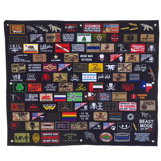 Defence Q Store brings you a good range of patch boards to be able to put all your patches in one place.  This Morale Patch Display Board with a soft loop side works with all velcro-backed morale patches, ID patches, name patch, etc. Heavy-duty grommets to hang on the wall. Folds/rolls up for easy storage. Heavy-duty nylon fabric backing.  Size: 70 x 100 cm.  Colour: Black  Can fit up to 150 patches, will depend on the size of the patches you have  Note: Patches not included