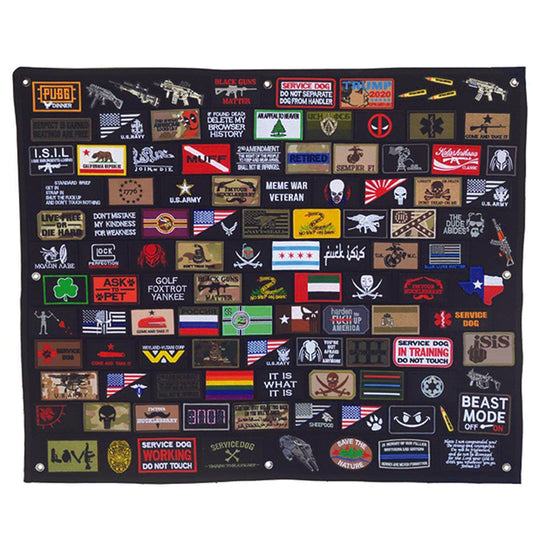 Defence Q Store brings you a good range of patch boards to be able to put all your patches in one place. This Morale Patch Display Board with a soft loop side works with all velcro-backed morale patches, ID patches, name patch, etc. Heavy-duty grommets to hang on the wall. Folds/rolls up for easy storage. Heavy-duty nylon fabric backing. Size: 70 x 100 cm. Colour: Black Can fit up to 150 patches, will depend on the size of the patches you have Note: Patches not included