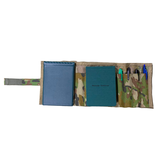 Designed and produced on the Gold Coast, Australia this AMC notebook cover is a must for your field administration needs.  This can hold a notebook and viewee twoee plus 4 pens or pencils.  Also to finish off the outer layer we have added a strap and velcro loop in amc to help give this notebook the perfect feel.  www.defenceqstore.com.au
