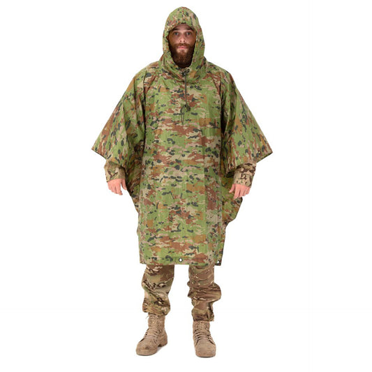      100% Waterproof     210D Nylon polyurethane coated     One size fit all      Full size hood with drawstring     Storage pouch     Snap closures on sides      Colour – Australian Compatible Camouflage (ACC) www.defenceqstore.com.au