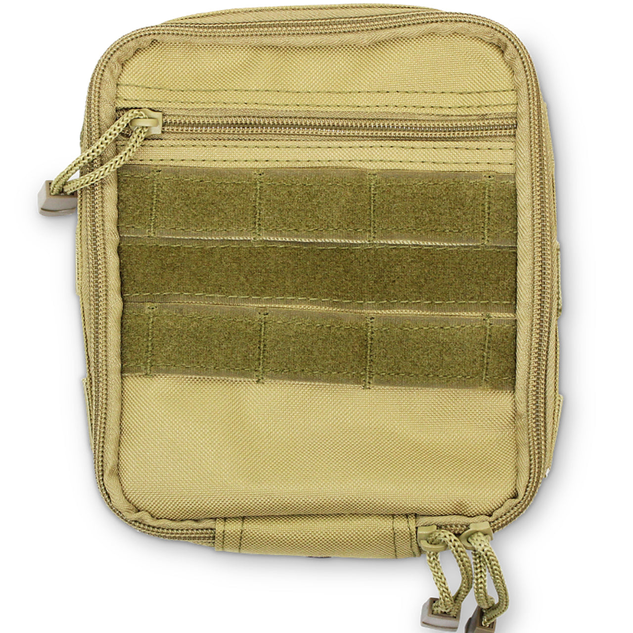 This pouch is perfect for securely organizing and storing smaller items when you're out in the field, ensuring they can be easily accessed and not get lost! 18 x 14 x 5cm 180g. Front flap with internal and external full length zipper pocket. Two double elastic straps in main compartment Internal open pocket on rear panel 4 internal nylon tabs for lanyards/carabiners www.defenceqstore.com.au