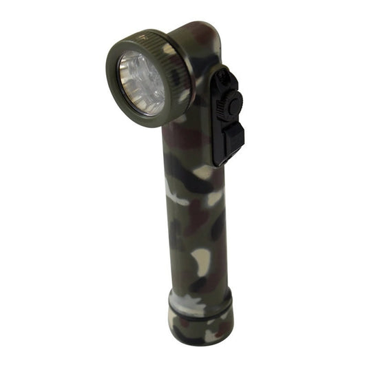 This army style torch is designed for those who serve  The angle torch head eliminates the need for removable lenses and comes with 4 coloured LED bulbs  Simply rotate the head and choose the colour option to complete tasks in low light situations   Light colours are white, red, green and blue