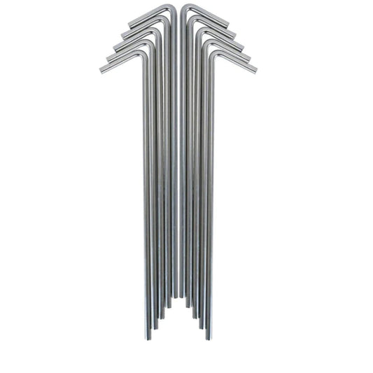 Steel hook tent pegs that are packed in a bag of 10.  Material: Steel  Measurements: 18cm/7 inches