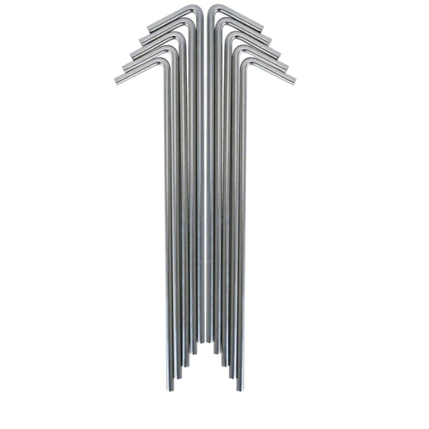 Steel hook tent pegs that are packed in a bag of 10.  Material: Steel  Measurements: 18cm/7 inches