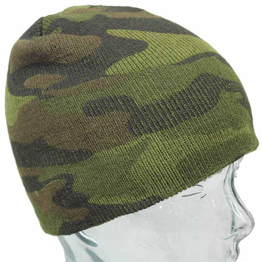 Warm, lightweight beanie made of acrylic material in the colour pattern woodland (greens)  Acrylic Woodland (greens) Warm Lightweight www.defenceqstore.com.au