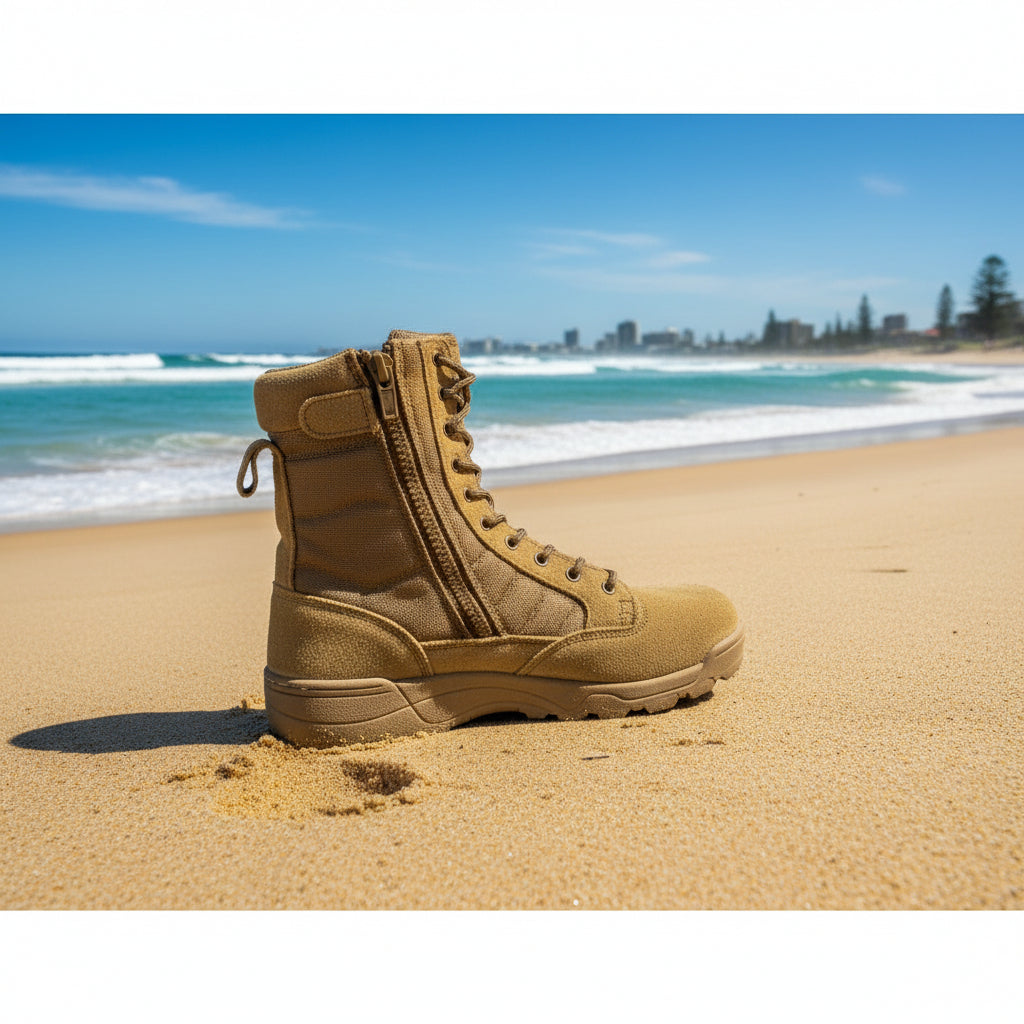 The TAS Sentry II Tactical Kangaroo Army Cadet Boot delivers professional-grade performance for cadets and tactical professionals alike. Built from premium kangaroo leather with reinforced nylon construction, this boot combines durability with comfort through its moisture-wicking liner and cushioned footbed. www.defenceqstore.com.au
