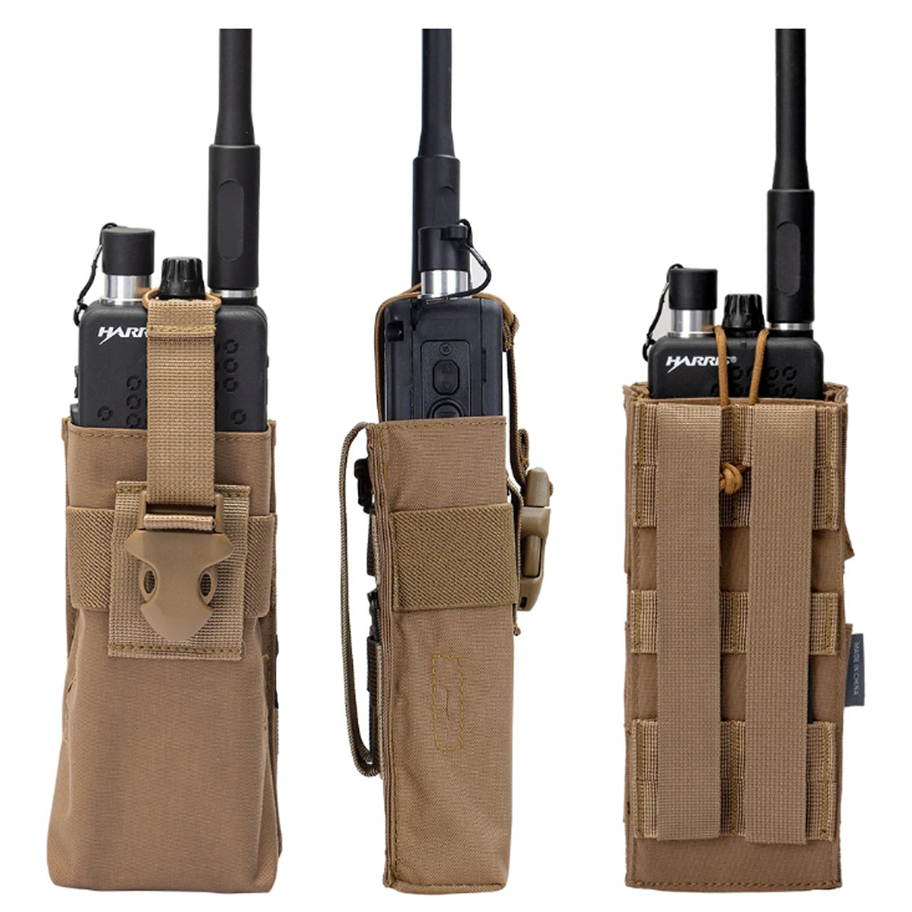 This pouch has been tailor-made to house your in-service Harris 152/148 radio, enabling you to access its screen and control panel with ease and speed. No longer will you need to take out the radio to change settings www.defenceqstore.com.au rear side and front view coyote pouch