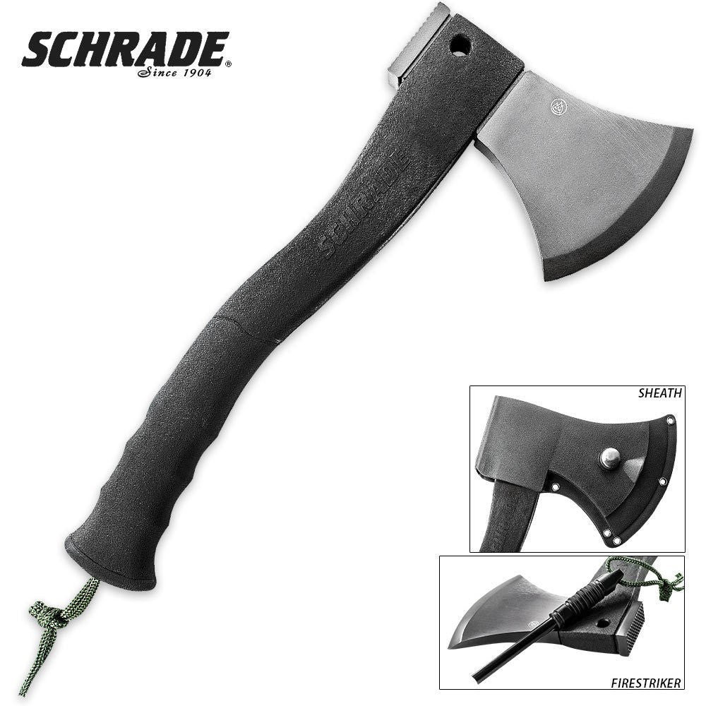 Master wilderness survival with the Schrade SCAXE2L, engineered for serious outdoor enthusiasts. This compact axe combines a titanium-coated 3Cr13 stainless steel head with a reinforced glass fibre handle and ergonomic rubber grip for reliable performance in demanding conditions. The integrated hammer pommel tackles multiple tasks, while the built-in ferro rod with lanyard ensures fire-starting capability whenever you need it. www.defenceqstore.com.au