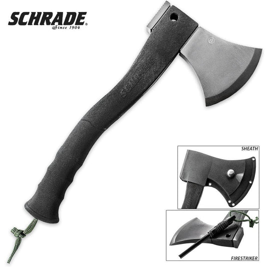 Master wilderness survival with the Schrade SCAXE2L, engineered for serious outdoor enthusiasts. This compact axe combines a titanium-coated 3Cr13 stainless steel head with a reinforced glass fibre handle and ergonomic rubber grip for reliable performance in demanding conditions. The integrated hammer pommel tackles multiple tasks, while the built-in ferro rod with lanyard ensures fire-starting capability whenever you need it. www.defenceqstore.com.au