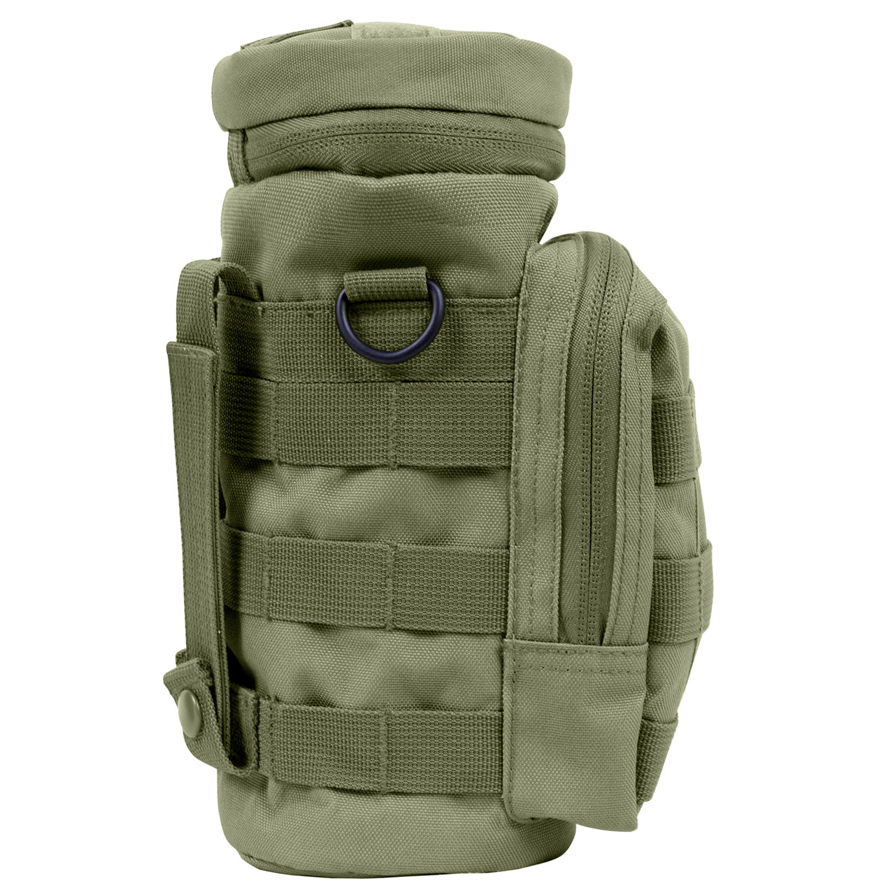 Durable Denier Polyester Material 10.5" Tall X 4" Diameter 6.5" X 4" Front Zippered Pouch W/ MOLLE Loops On Front Zipper Closure Flip Top And Two MOLLE Straps On Back D-Ring On Each Side Straw Hole On Top W/ Hook And Loop Closure Features A Drain Hole 4" X 1" Loop On Top And MOLLE Loop Around Entire Pouch www.defenceqstore.com.au