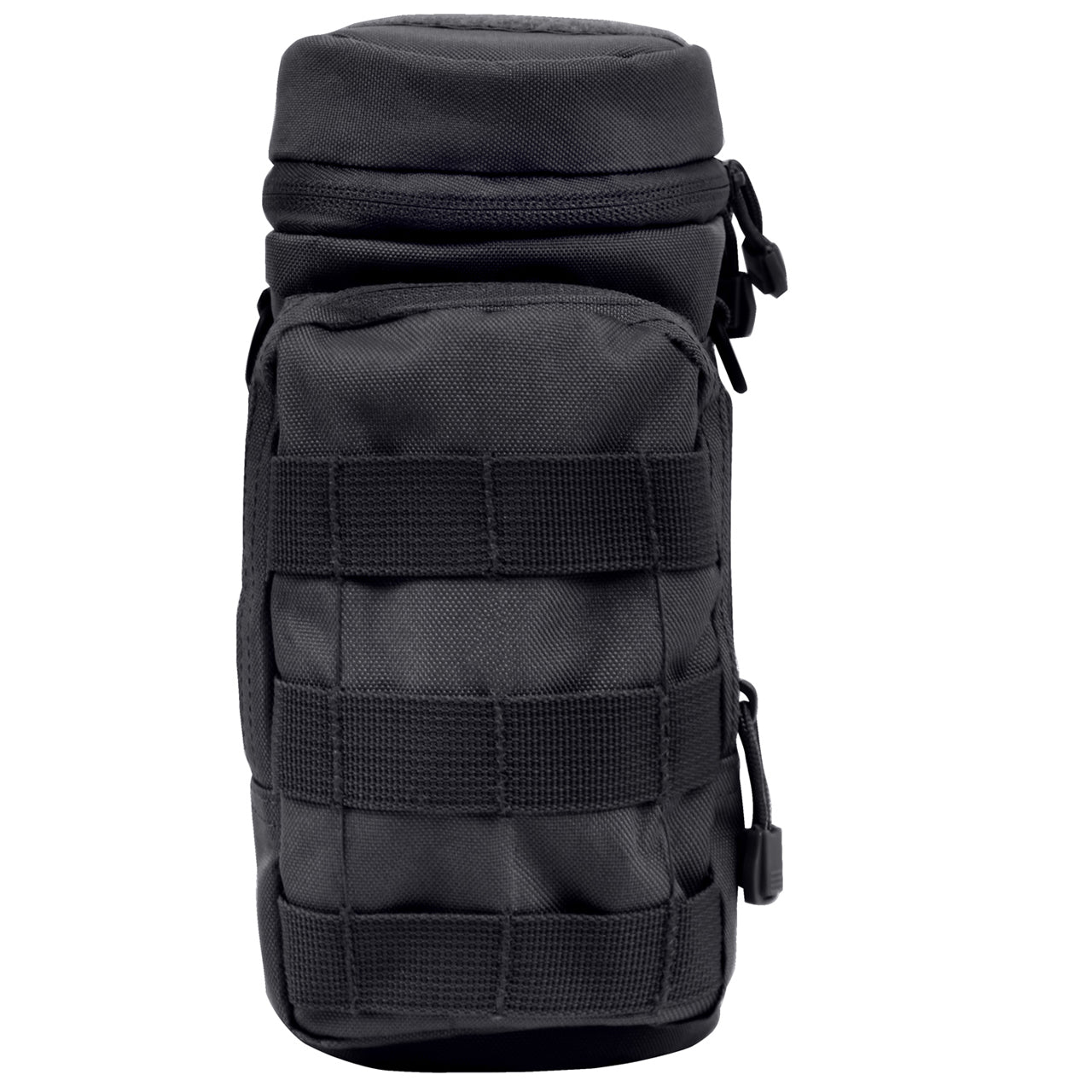 Durable Denier Polyester Material 10.5" Tall X 4" Diameter 6.5" X 4" Front Zippered Pouch W/ MOLLE Loops On Front Zipper Closure Flip Top And Two MOLLE Straps On Back D-Ring On Each Side Straw Hole On Top W/ Hook And Loop Closure Features A Drain Hole 4" X 1" Loop On Top And MOLLE Loop Around Entire Pouch www.defenceqstore.com.au