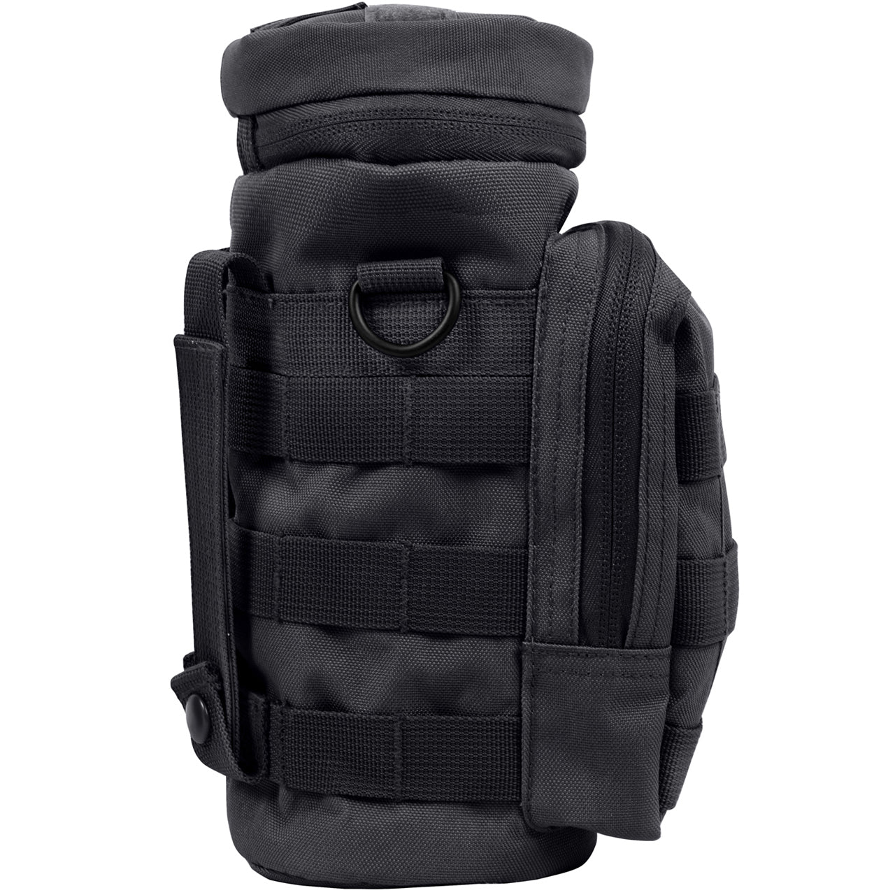 Durable Denier Polyester Material 10.5" Tall X 4" Diameter 6.5" X 4" Front Zippered Pouch W/ MOLLE Loops On Front Zipper Closure Flip Top And Two MOLLE Straps On Back D-Ring On Each Side Straw Hole On Top W/ Hook And Loop Closure Features A Drain Hole 4" X 1" Loop On Top And MOLLE Loop Around Entire Pouch www.defenceqstore.com.au