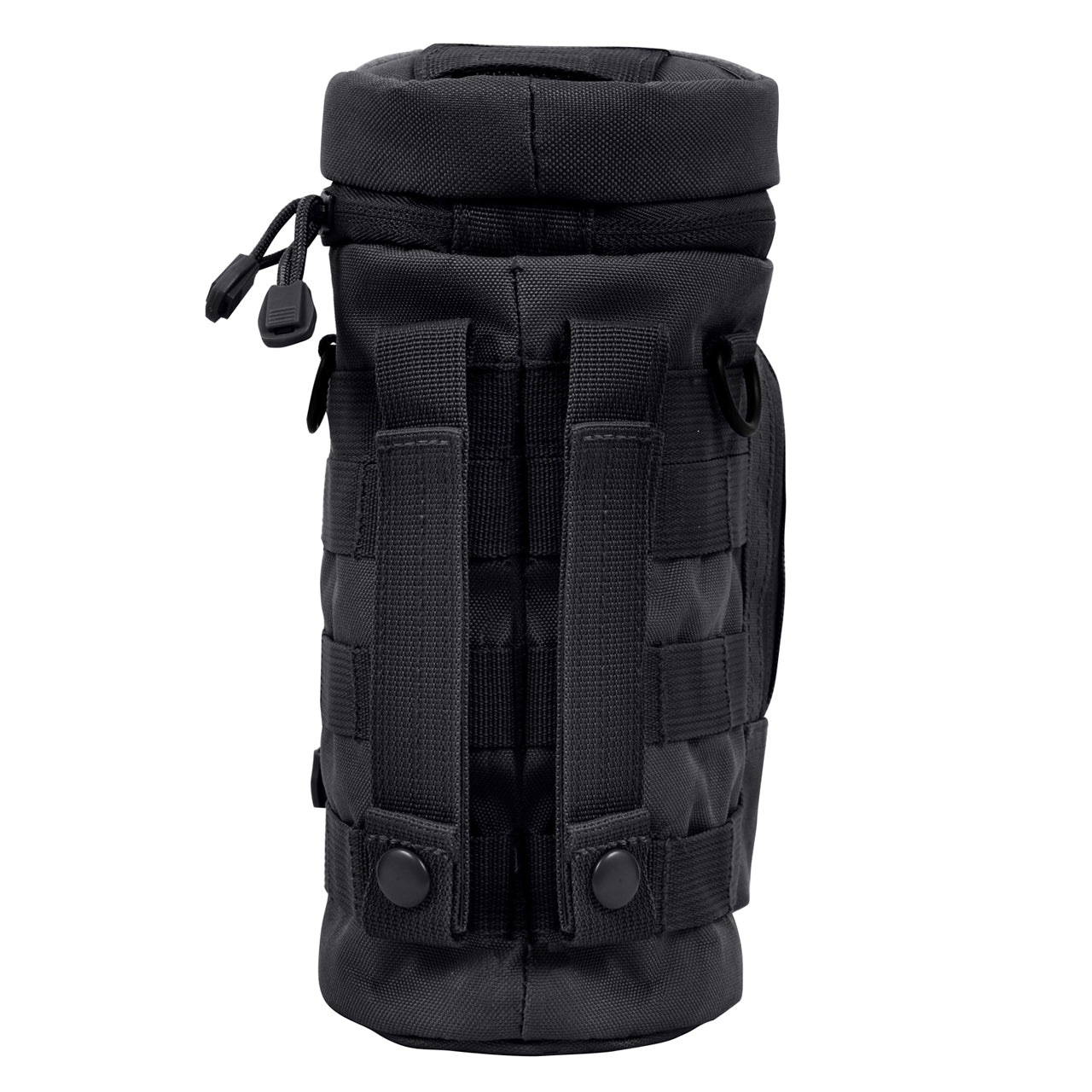 Durable Denier Polyester Material 10.5" Tall X 4" Diameter 6.5" X 4" Front Zippered Pouch W/ MOLLE Loops On Front Zipper Closure Flip Top And Two MOLLE Straps On Back D-Ring On Each Side Straw Hole On Top W/ Hook And Loop Closure Features A Drain Hole 4" X 1" Loop On Top And MOLLE Loop Around Entire Pouch www.defenceqstore.com.au