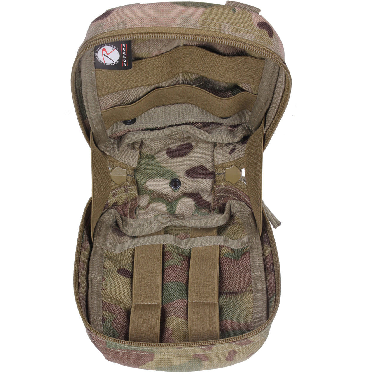 Rothco's MOLLE Tactical Trauma & First Aid Kit Pouch features one inside pocket with elastic bands that will allow you to store your first aid supplies with ease and security. www.defenceqstore.com.au