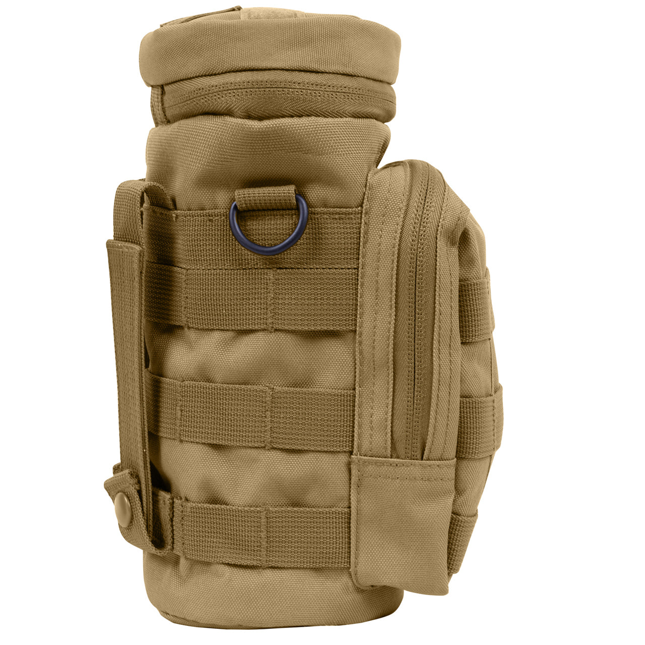 Durable Denier Polyester Material 10.5" Tall X 4" Diameter 6.5" X 4" Front Zippered Pouch W/ MOLLE Loops On Front Zipper Closure Flip Top And Two MOLLE Straps On Back D-Ring On Each Side Straw Hole On Top W/ Hook And Loop Closure Features A Drain Hole 4" X 1" Loop On Top And MOLLE Loop Around Entire Pouch www.defenceqstore.com.au