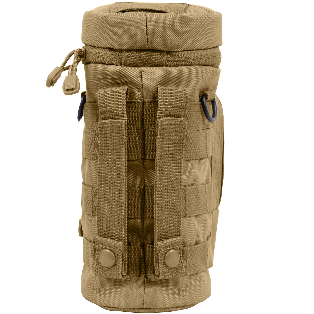 Durable Denier Polyester Material 10.5" Tall X 4" Diameter 6.5" X 4" Front Zippered Pouch W/ MOLLE Loops On Front Zipper Closure Flip Top And Two MOLLE Straps On Back D-Ring On Each Side Straw Hole On Top W/ Hook And Loop Closure Features A Drain Hole 4" X 1" Loop On Top And MOLLE Loop Around Entire Pouch www.defenceqstore.com.au