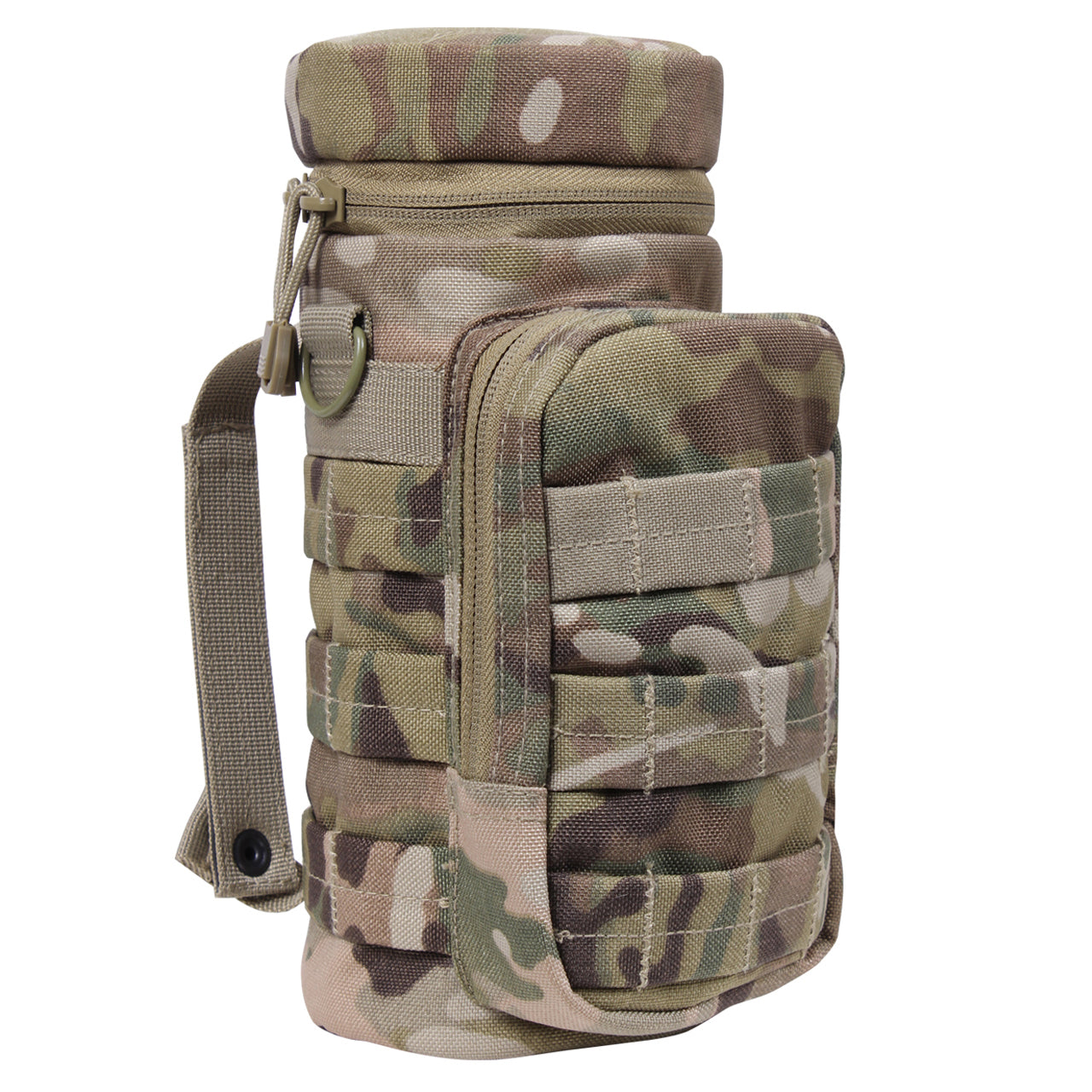 Durable Denier Polyester Material 10.5" Tall X 4" Diameter 6.5" X 4" Front Zippered Pouch W/ MOLLE Loops On Front Zipper Closure Flip Top And Two MOLLE Straps On Back D-Ring On Each Side Straw Hole On Top W/ Hook And Loop Closure Features A Drain Hole 4" X 1" Loop On Top And MOLLE Loop Around Entire Pouch www.defenceqstore.com.au