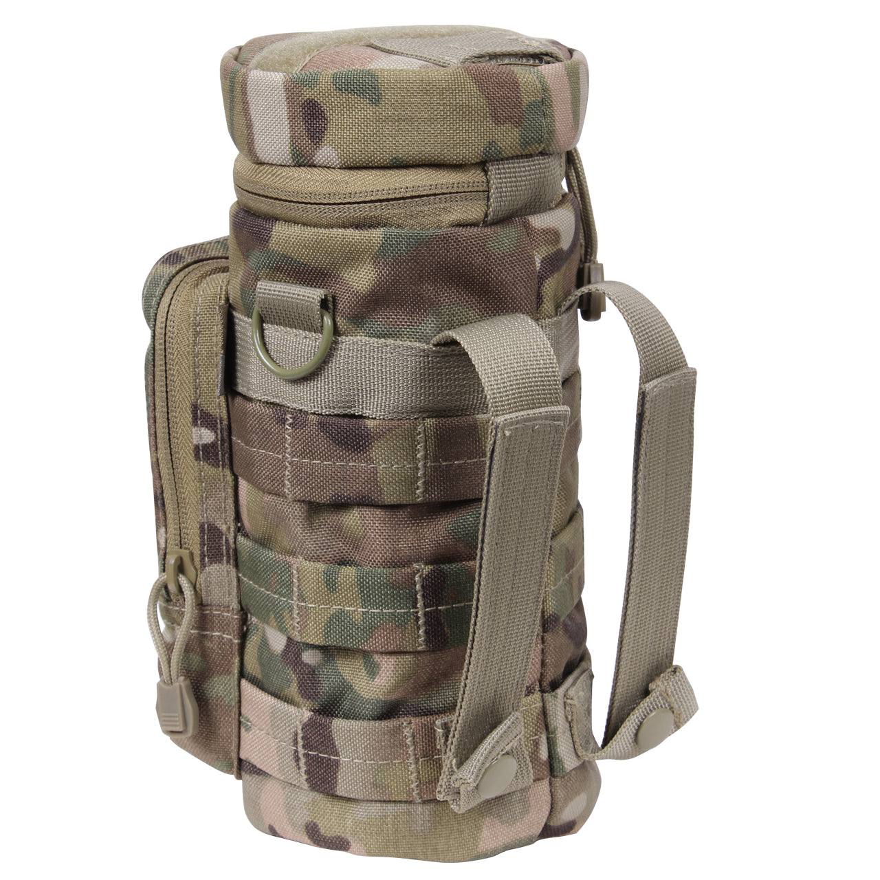 Durable Denier Polyester Material 10.5" Tall X 4" Diameter 6.5" X 4" Front Zippered Pouch W/ MOLLE Loops On Front Zipper Closure Flip Top And Two MOLLE Straps On Back D-Ring On Each Side Straw Hole On Top W/ Hook And Loop Closure Features A Drain Hole 4" X 1" Loop On Top And MOLLE Loop Around Entire Pouch www.defenceqstore.com.au