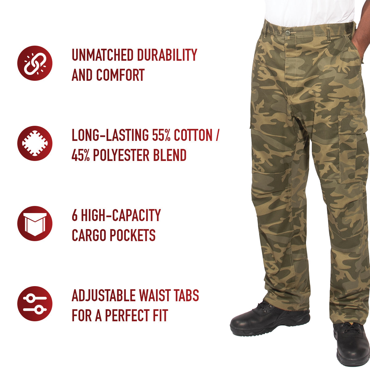 Experience over 4 decades of trusted design with our Color Camo Tactical BDU Pants. Constructed from a robust cotton / polyester fabric blend, these military cargo pants are built for unparalleled performance and comfort.  www.defenceqstore.com.au
