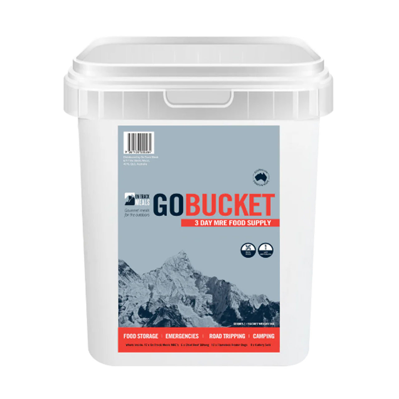 The&nbsp;GoBucket&nbsp;is a complete, ready-to-go 3-day food supply kit designed to meet your needs in emergencies, outdoor adventures, road trips, and camping. With a variety of gourmet MREs and essential extras, this bucket ensures you're well-fed and prepared wherever life takes you. www.defenceqstore.com.au