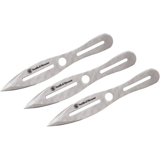 Includes three 10″ overall throwing knives with sharpened tip. One-piece 2Cr13 stainless construction with drilled hole and slot design. Embroidered black nylon belt sheath holds all. www.defenceqstore.com.au